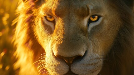 A close-up portrait of a majestic lion basking in the golden light of sunset, with soft shadows accentuating the power and grace of the king of the jungle