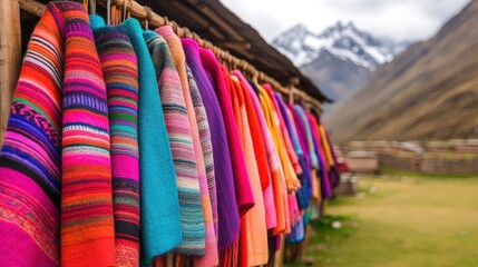 Vibrant, colorful textiles hang on display outdoors with mountains in the background, showcasing traditional woven patterns.