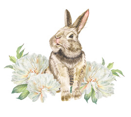 Watercolor rabbit and bouquet peony isolated on white background. Hand-drawn flower with leaves and animal hare for Easter. Spring clipart for wedding invite celebration card. Wallpaper or wrapping
