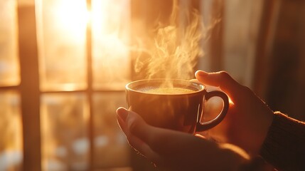 Steaming Hot Cup of Coffee Held by Woman's Hands in a Cozy Morning Setting with Soft Sunlight and a Warm Candlelit Background