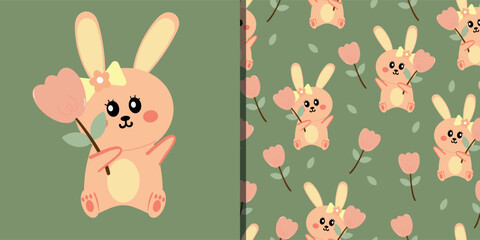 Obraz premium Card and pattern cartoon bunny hold pink flower. cute animal pattern for wallpaper, background and gift wrap paper