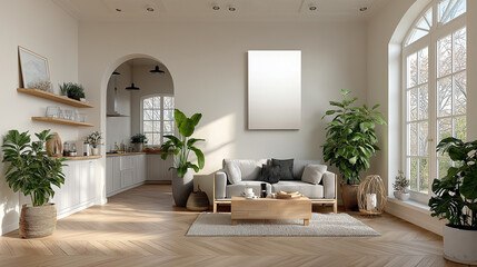 大きな窓から光が差し込む観葉植物に囲まれたナチュラルリビング
フォトフレームモックアップ