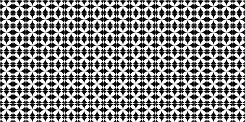 Seamless Black and White Geometric Floral Pattern, Abstract Modern Interlocking Circle Repeat Background, Minimalist Optical Illusion Design with Petal Shapes.