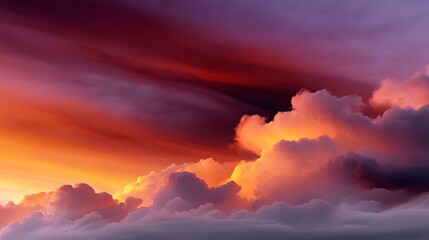 Fototapeta premium Glowing fiery clouds in a fantastical, surreal sky at sunset.