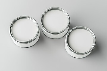 Three round, empty paint cans on a light gray surface