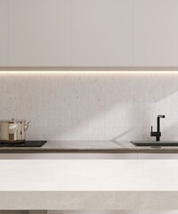 White marble kitchen island, counter with sink, white mosaic tile splash back, cupboard with LED light in sunlight for interior design decoration, cooking, food, kitchenware product background 3D