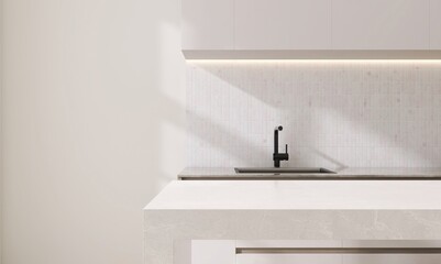 White marble kitchen island, counter with sink, white mosaic tile splash back, cupboard with LED light in sunlight for interior design decoration, cooking, food, kitchenware product background 3D