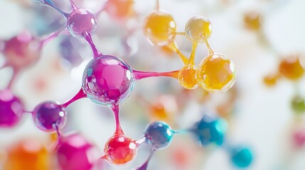 Vibrant visualization of colorful spheres representing molecular structures, showcasing beauty of combinatorial chemistry. dynamic arrangement creates sense of movement and energy