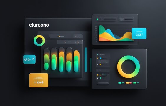 Dark-themed UI showcasing data visualization with vibrant gradient charts, graphs, and numerical displays on subtly textured, floating panels - Powered by Adobe