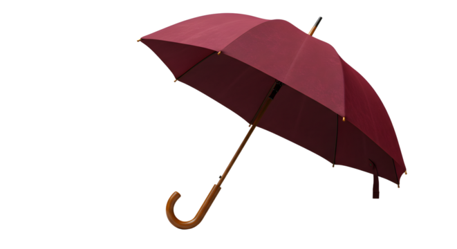 A maroon umbrella with a wooden handle, tilted against a white background, ideal for weather-related themes and designs