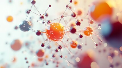 Vibrant visualization of colorful spheres representing molecular structures, showcasing beauty of combinatorial chemistry. dynamic arrangement creates sense of movement and energy