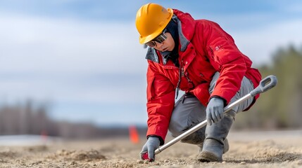 Technician using soil sampling auger on dirt during environmental field research