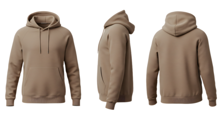 A neutral-toned hoodie displayed from multiple angles, showcasing its design and fabric texture against a plain background