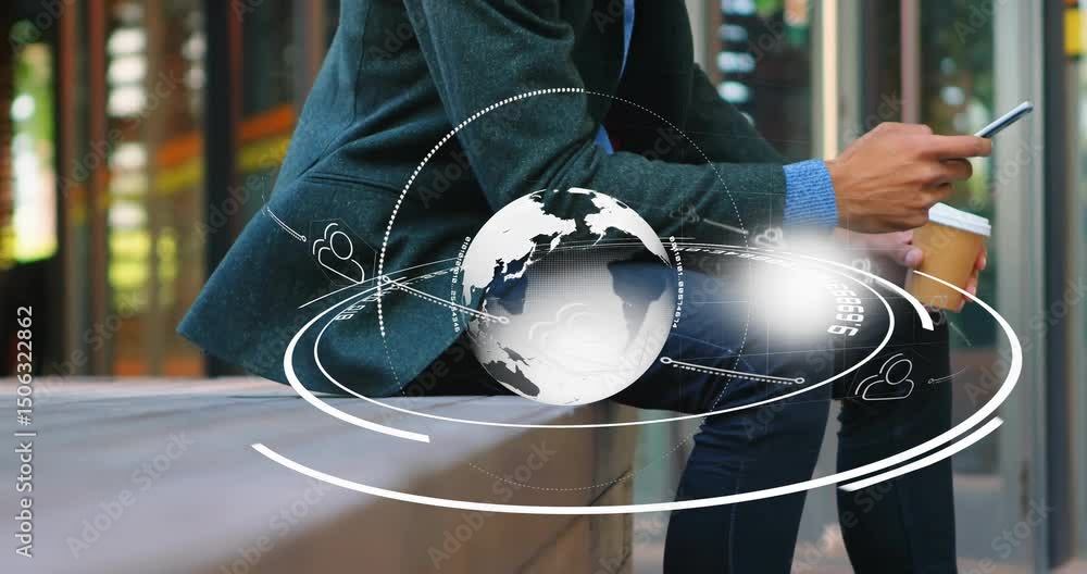 Poster man tapping smartphone and invoking holographic visualization on bench showing global network icons