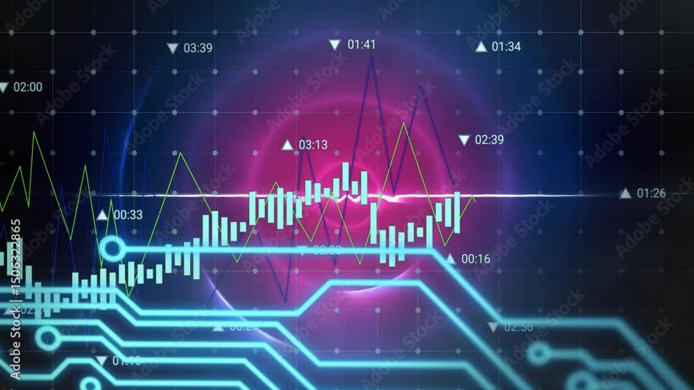 Aufkleber data feed driving bars rising, blue circuits spreading and waveform oscillating showing data trends