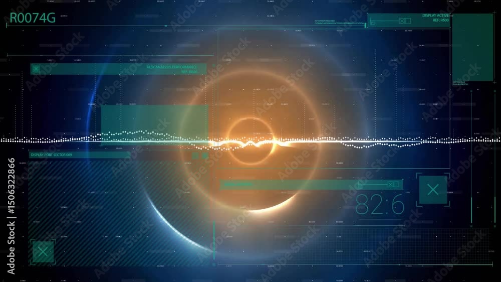 Poster Glowing orb pulsing with waveform rising and falling on data spikes updating readout for monitoring