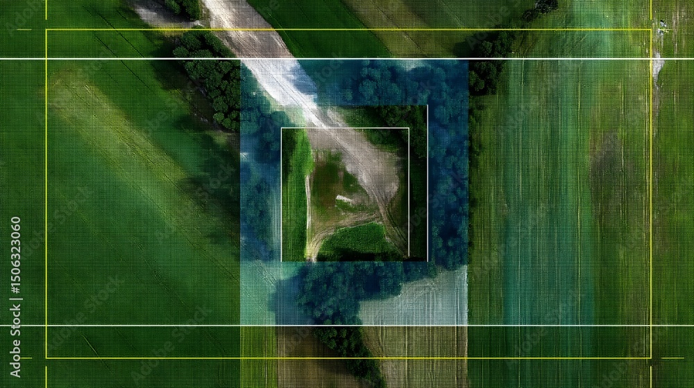 Poster aerial landscape map with drone gps overlay and grid