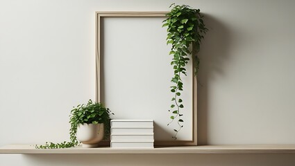 Minimalist home decor with plants and blank frame