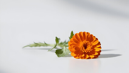 Bright marigold flower with attached leaves, cleanly cut out, isolated on white
