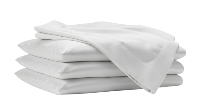 A stack of pristine white bed sheets neatly arranged, showcasing their smooth texture and cleanliness in a minimalist setting