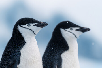 Fototapeta premium two penguins standing next to each other on a snowy surface