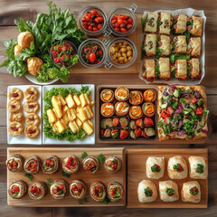 Delicious catering food set. Healthy finger food assortment includes appetizers vegetables cheese rolls balls. Tasty snacks for buffet, lunch party. Eco friendly plates, light wooden table 