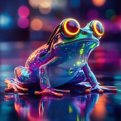 Colorful Smart Frog in a Vibrant Digital Dimension with Futuristic Energy Flow