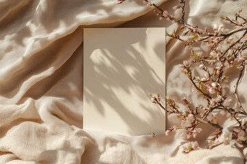 mockup of a a4 paper in a nice on a blanket or something nature sweet. Wedding like. shadow on paper. Empty white rectangle poster mockup. leaves shadows on neutral light grey. ai generative