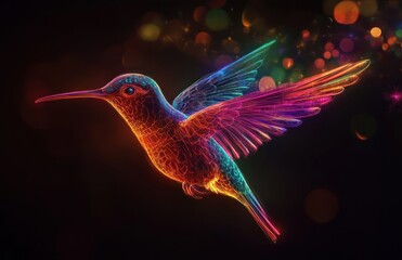 Colorful hummingbird in flight, abstract glowing feathers, sparkling bokeh background