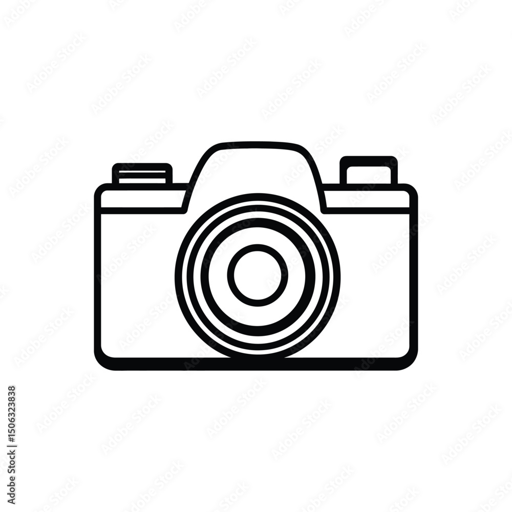 Poster simple black and white line art depicts an analog camera with a transparent background