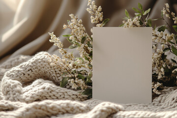 mockup of a a4 paper in a nice on a blanket or something nature sweet. Wedding like. shadow on paper. Empty white rectangle poster mockup. leaves shadows on neutral light grey. ai generative