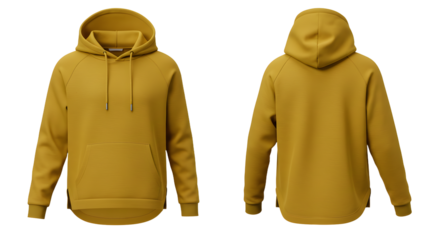 A vibrant yellow hoodie displayed from the front and back, showcasing its design and fit against a plain background
