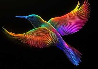 Colorful hummingbird in flight against black background