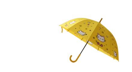 A vibrant yellow umbrella adorned with playful cat illustrations, set against a bright, cheerful background, ideal for children's themes