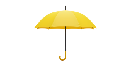 A vibrant yellow umbrella stands alone against a white background, symbolizing protection and cheerfulness in rainy weather