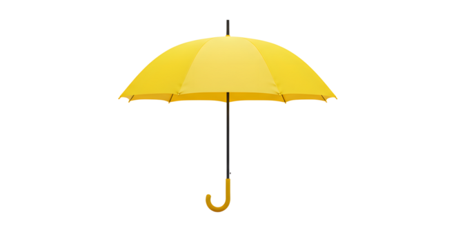 A vibrant yellow umbrella stands alone against a white background, symbolizing protection and cheerfulness in rainy weather