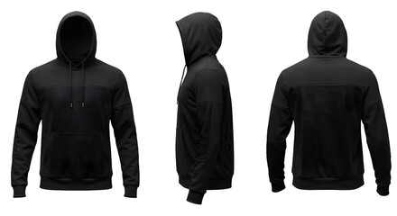 Black hoodie displayed from multiple angles, showcasing its design, texture, and versatility for casual wear