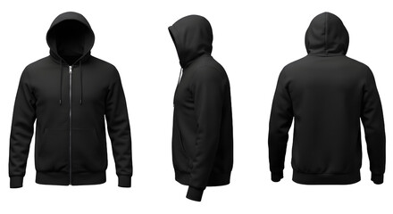 Black zip-up hoodie displayed from three angles against a neutral background, showcasing its design and versatility
