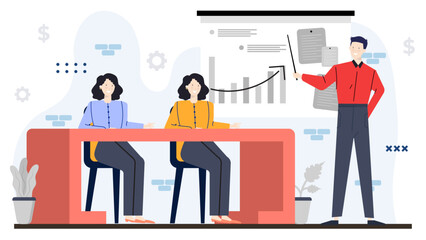Man presenting a graph to two women. Suitable for business presentations, teamwork concepts, financial reports, diversity in the workplace visuals.
