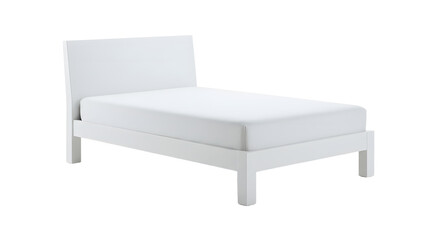 Minimalist white bed frame with a clean design in a bright room, showcasing simplicity and modern living