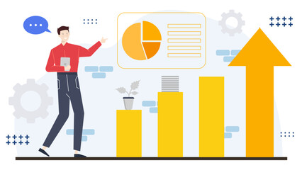 Man pointing to chart of upward growth, suitable for business presentations or financial reports, showing positive trends and progress visually.