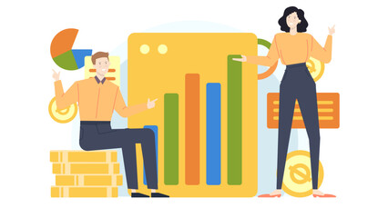 Man and woman pointing at bar graph for business presentation or sales meeting. Suitable for financial reports or analytics concepts.