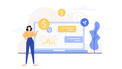 Woman near laptop with graph and dollar signs, suitable for finance, business, analysis, investments, technology, and work from home concepts.