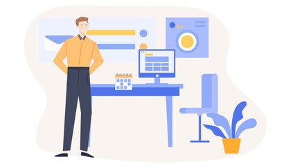 Man standing near desk with calendar and computer. Suitable for workplace, organization, time management, business concepts and technology themes.