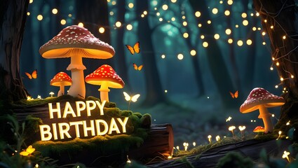 Enchanted forest birthday background with sparkling mushrooms and hanging lanterns