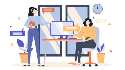 Two women conversing in an office setting with computer and plant; suitable for business, communication, workplace, teamwork concepts.