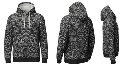 Stylish black and white patterned hoodie displayed from multiple angles on a transparent background, ideal for fashion marketing