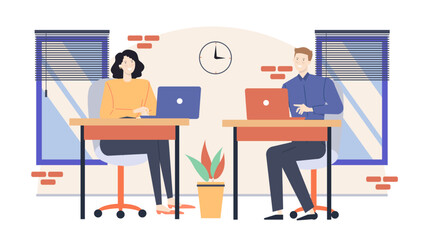 Two people working on laptops at desks, suitable for technology, remote work, collaboration, office, business, teamwork, co-working concept.