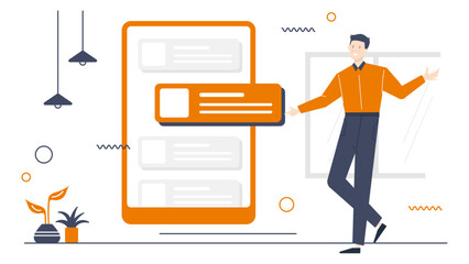 Man presenting a colorful app on a light orange background. Ideal for technology websites, mobile app promotions, and software advertising.