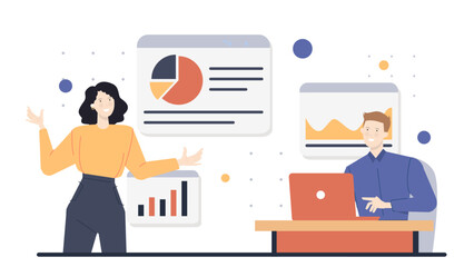 Woman presenting data to a man, suitable for business presentations, teamwork concepts, collaboration, meetings, discussions, professionalism, communication, strategy planning.